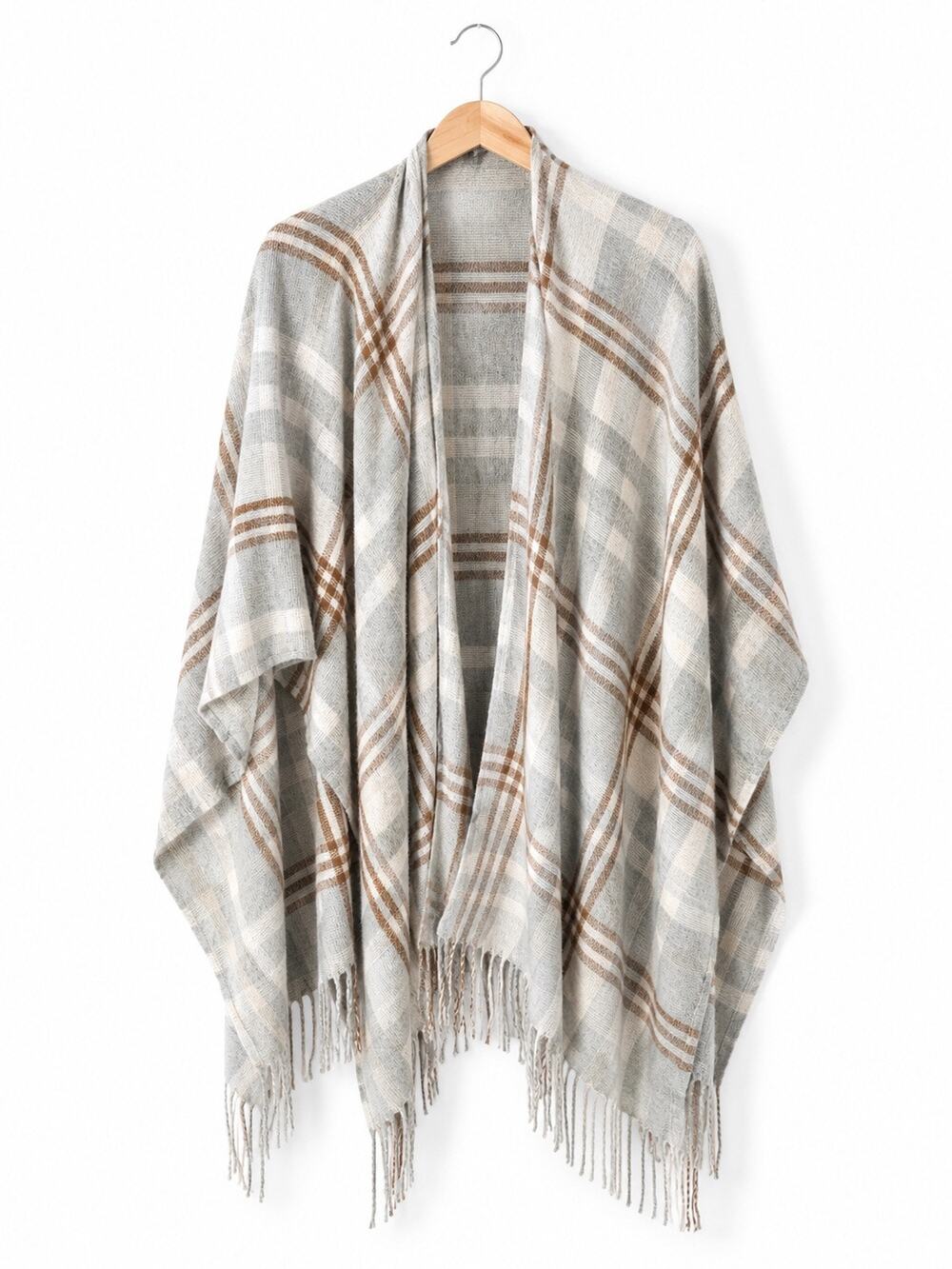Three Dots Cashmere Wool Blend Plaid Poncho Wrap Fringe Gray Tan One Size
